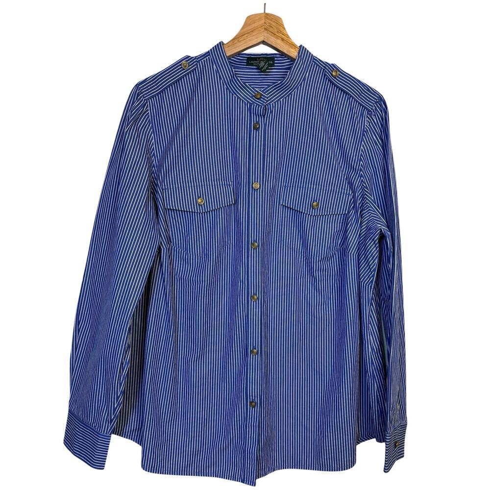 LRL Lauren Jean Co Striped Military Utility Button Shirt 1X Gold Buttons Preppy